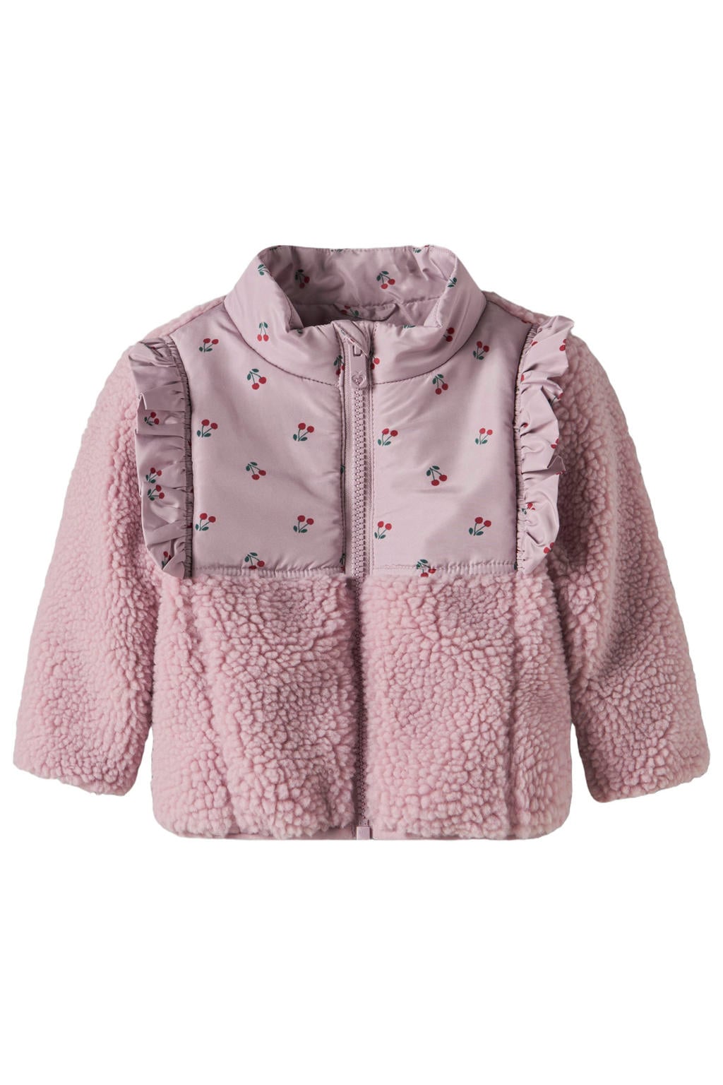 Lilakleurige meisjes NAME IT BABY teddy jas met lange mouwen, opstaande kraag, ritssluiting en ruches