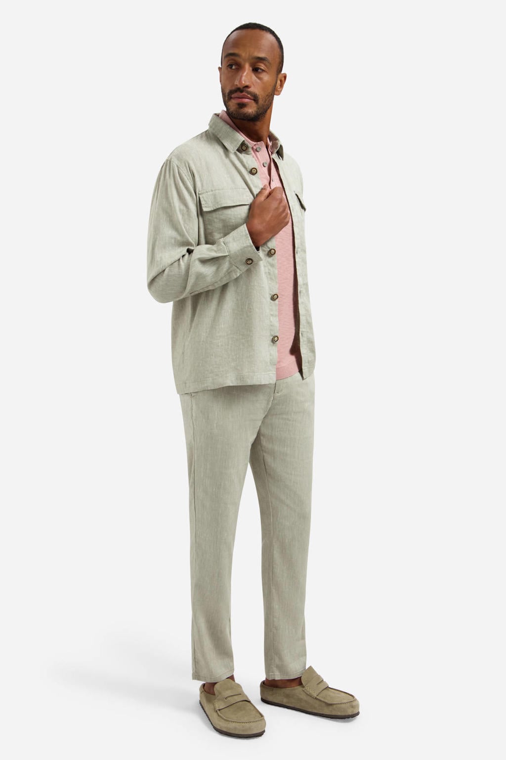 Lichtkaki heren No Excess overshirt van linnen met melée print, lange mouwen, klassieke kraag en knoopsluiting