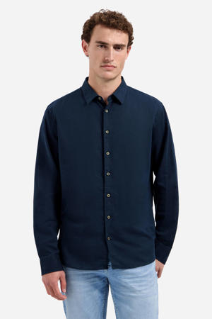 regular casual overhemd met linnen donkerblauw