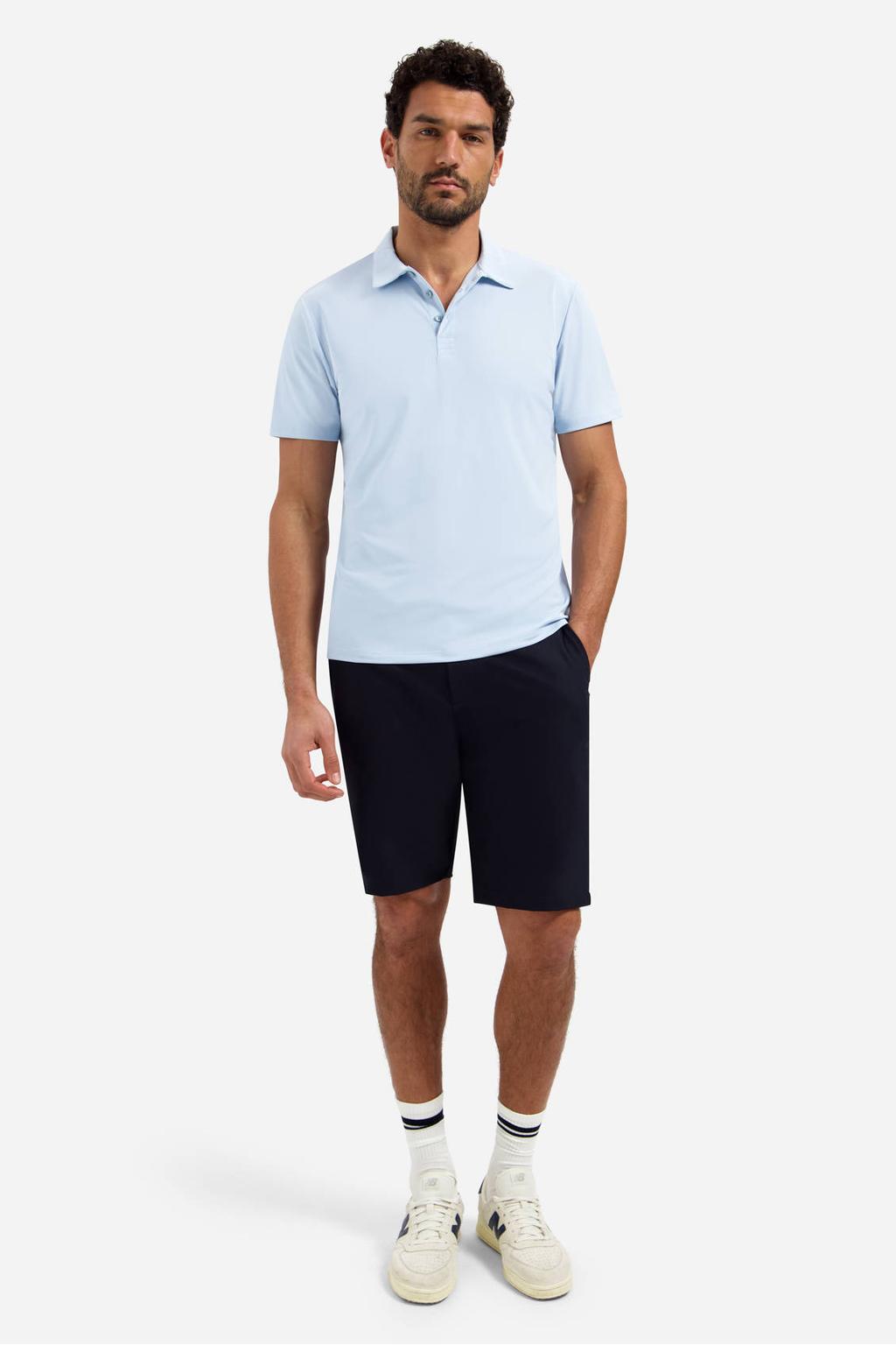Lichtblauwe heren No Excess travelstof regular polo met effen, korte mouwen en knoopsluiting