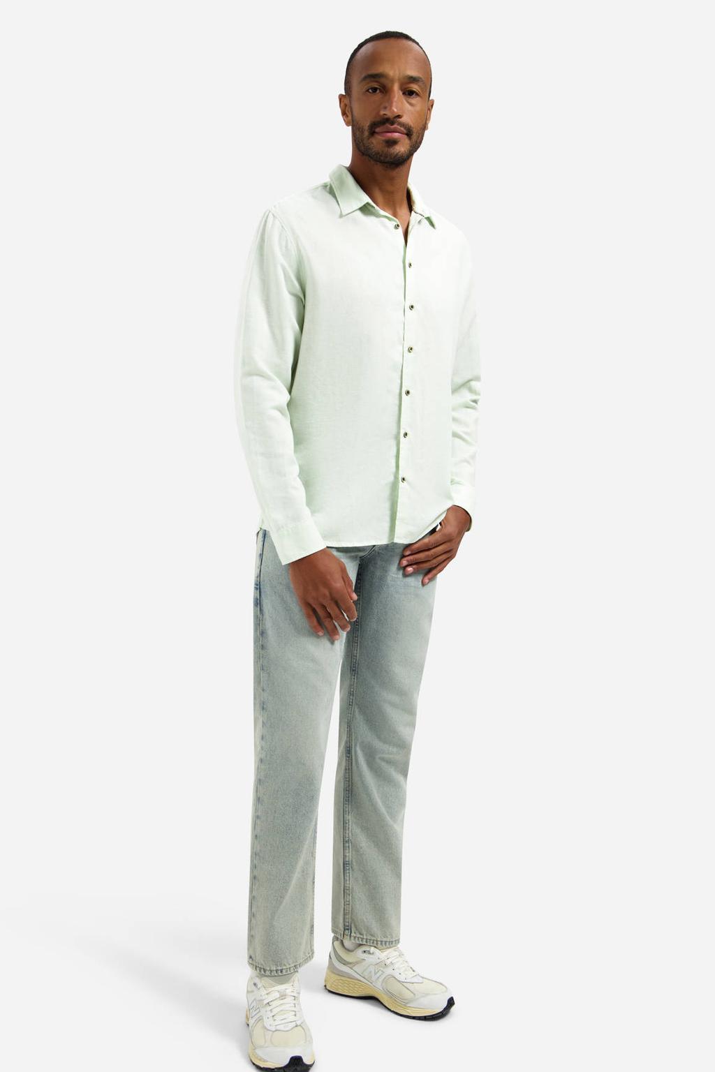 Lichtgroene heren No Excess regular casual overhemd van linnen met effen, lange mouwen, klassieke kraag en knoopsluiting