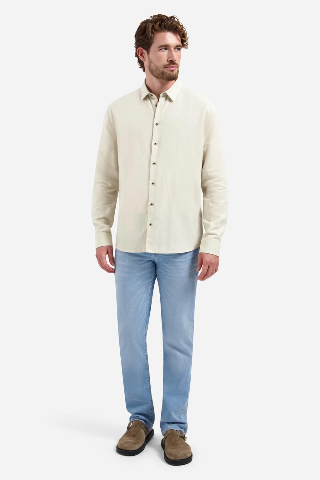 Beige heren No Excess regular casual overhemd van linnen met effen, lange mouwen, klassieke kraag en knoopsluiting
