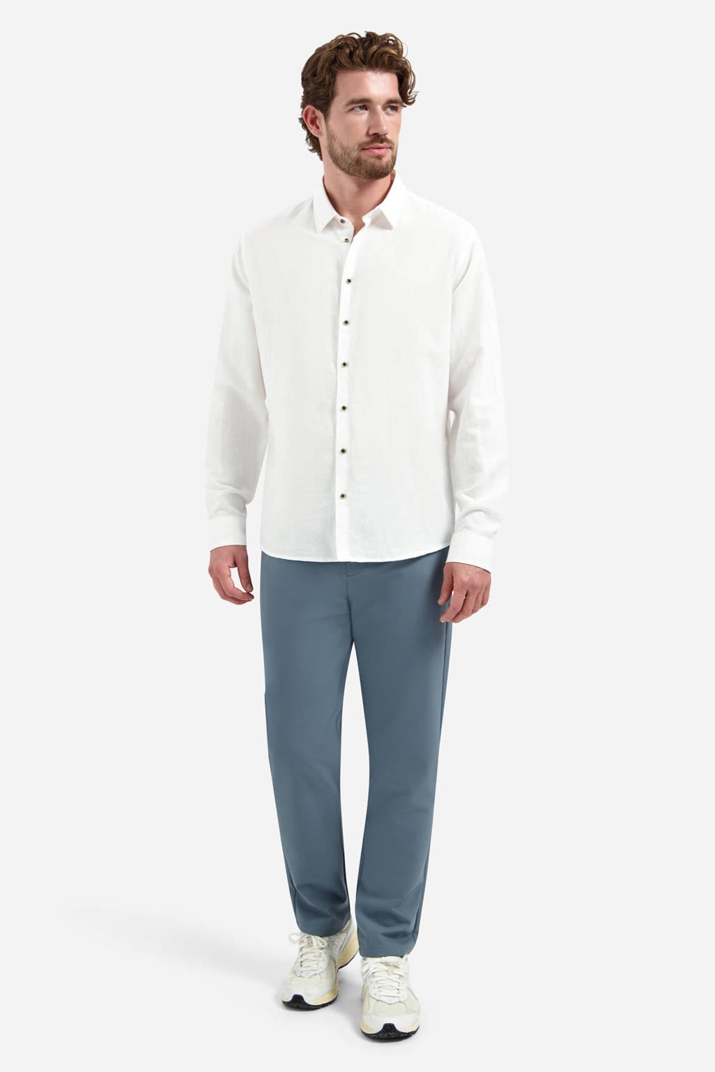 Witte heren No Excess regular casual overhemd van linnen met effen, lange mouwen, klassieke kraag en knoopsluiting