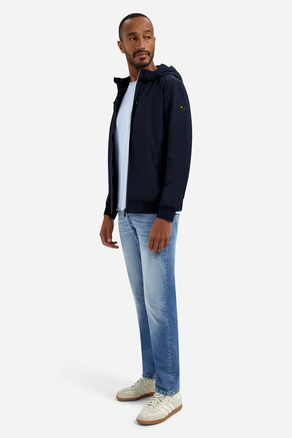 Donkerblauwe heren No Excess softshell jas van polyester met effen, lange mouwen, capuchon, ritssluiting en geribde boorden