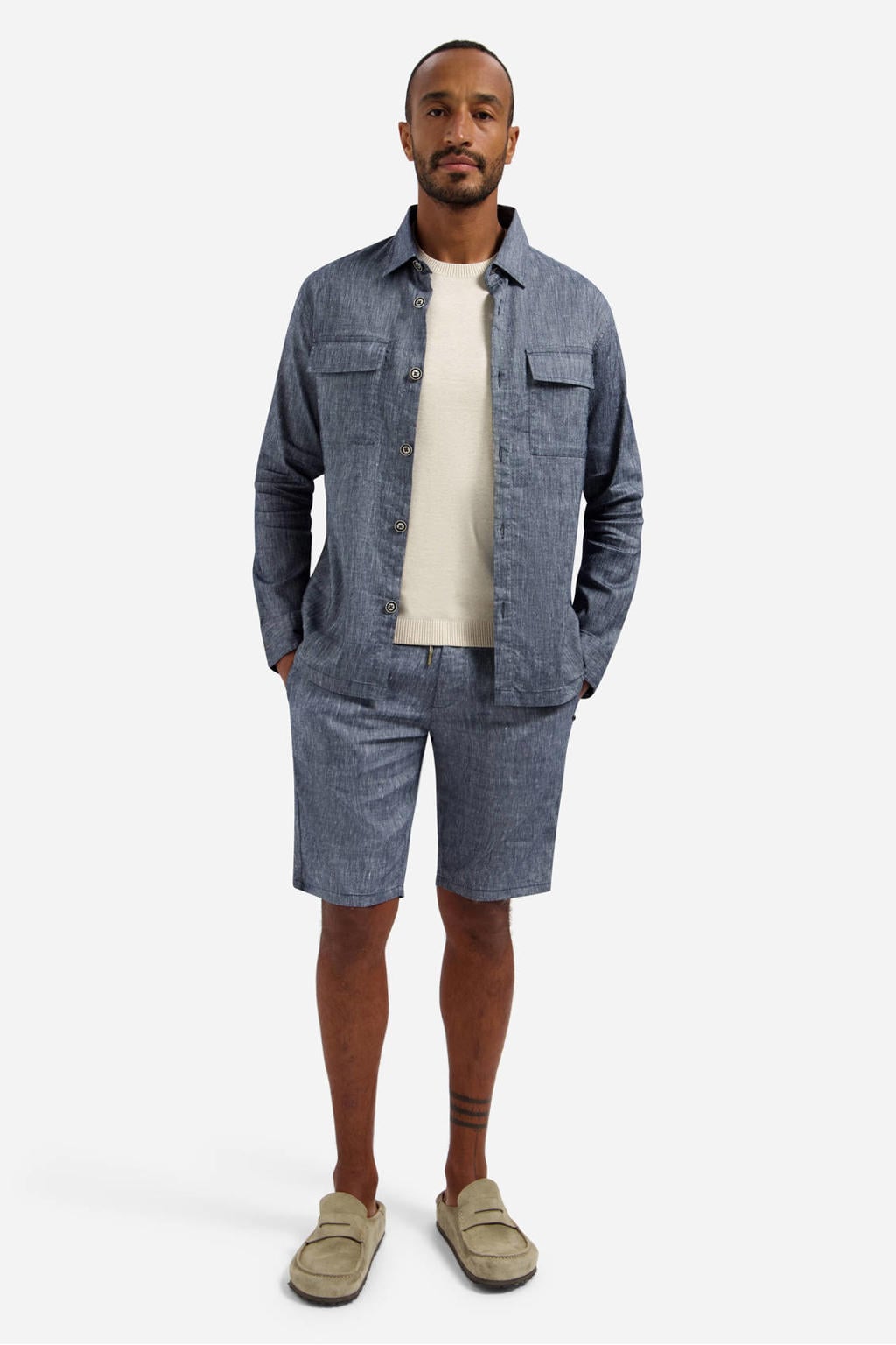 Donkerblauwe heren No Excess overshirt van linnen met melée print, lange mouwen, klassieke kraag en knoopsluiting