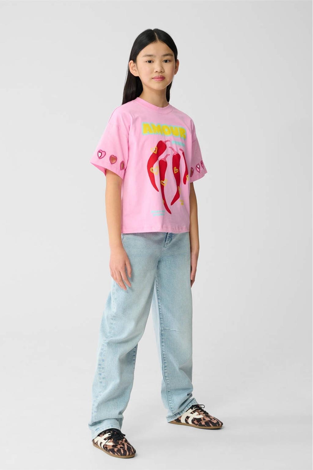 Light blue denim meisjes Shoeby high waist barrel jeans van denim met rits- en knoopsluiting en effen