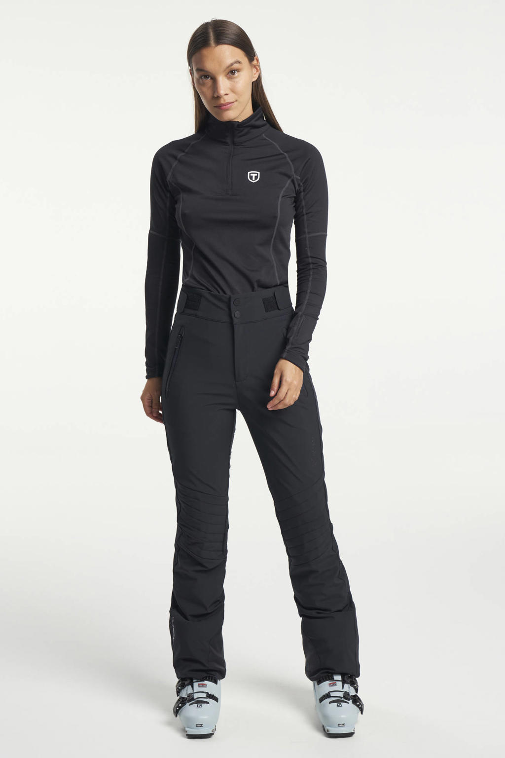 Zwarte dames Tenson softshell skibroek Grace met rits- en drukknoopsluiting en effen