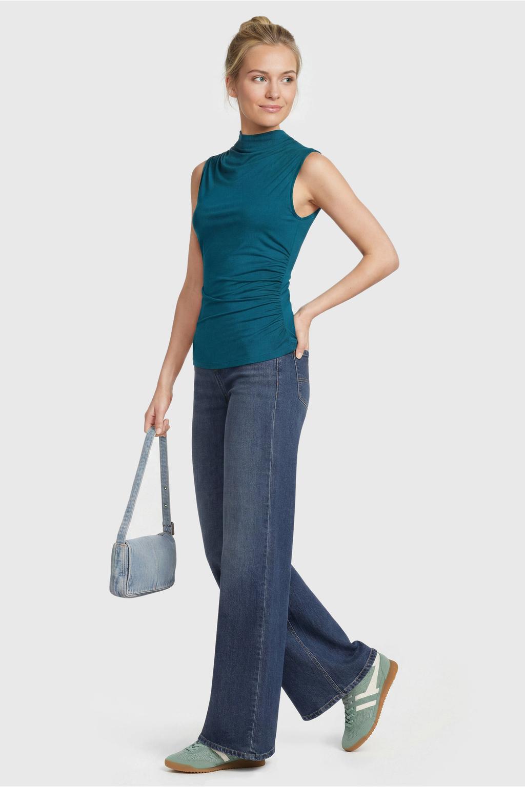 Cyaan dames Anytime jersey top detail van viscose met effen en plooien