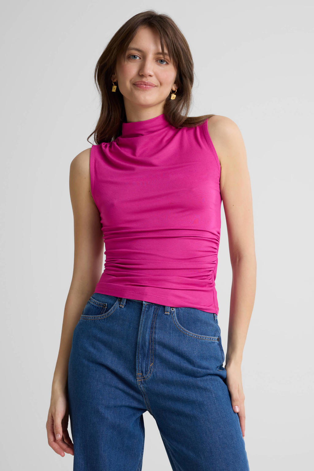 Fuchsia dames Anytime jersey top detail van viscose met effen en plooien