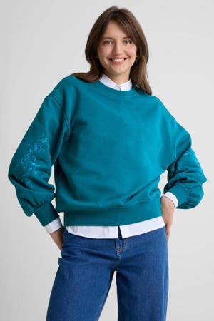 sweater met borduursel donkercyaan