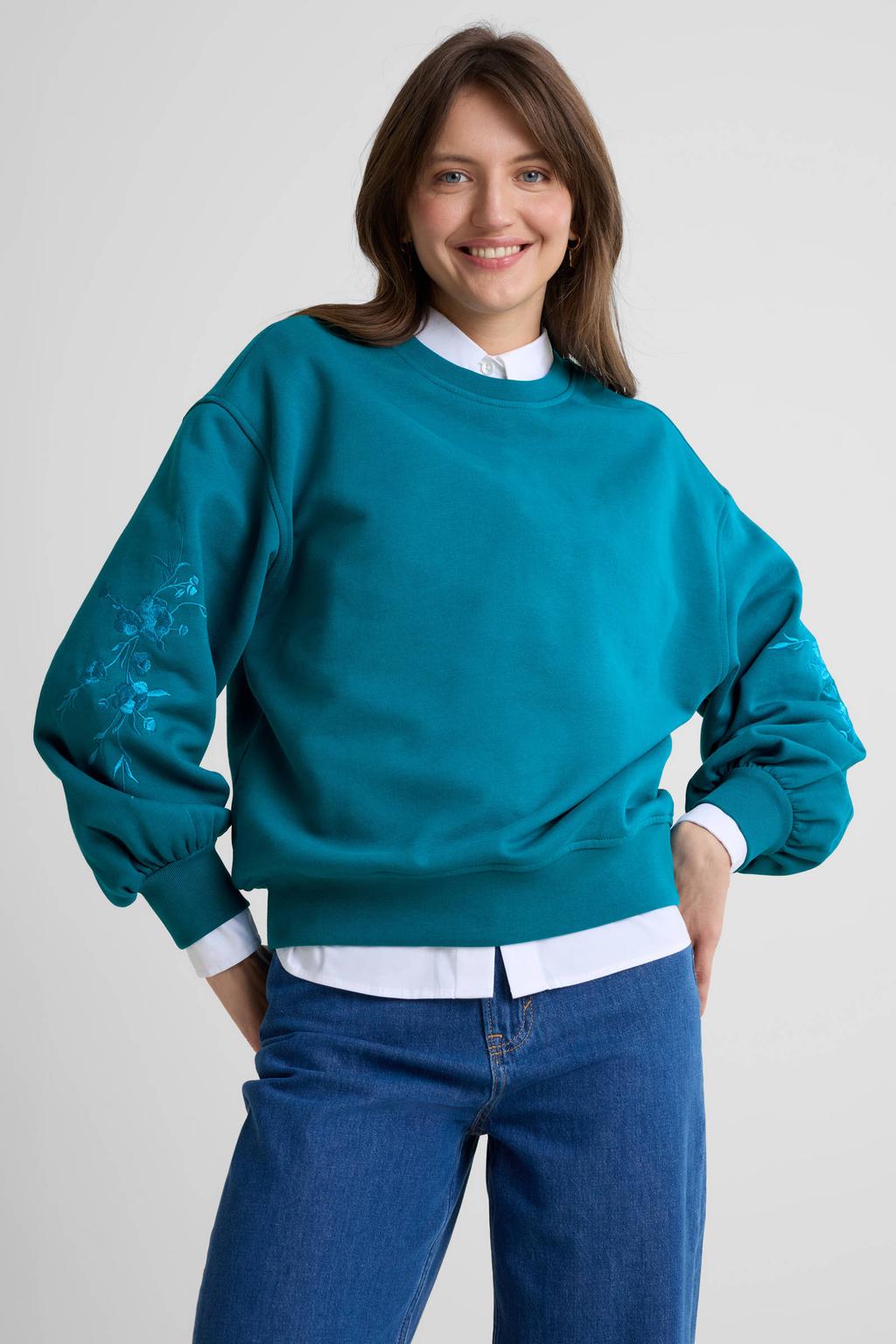 Cyaan dames Anytime sweater van katoen met effen, lange mouwen, ronde hals en borduursels