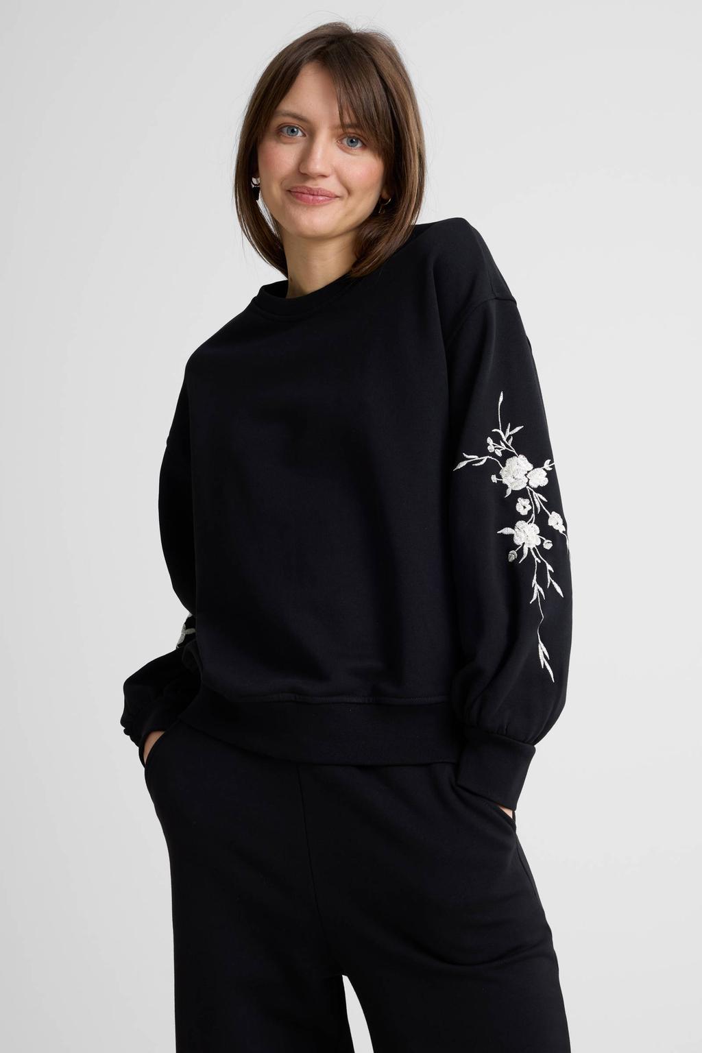 Zwarte dames Anytime sweater van katoen met effen, lange mouwen, ronde hals en borduursels