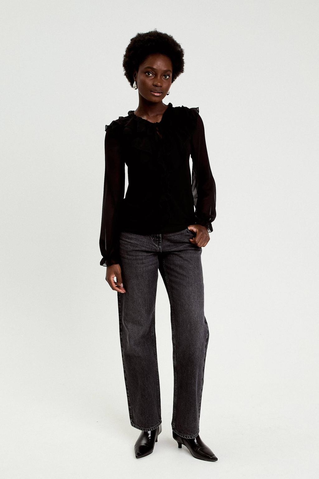 Zwarte dames Cache Cache top van polyester met effen, lange mouwen, V-hals en ruches