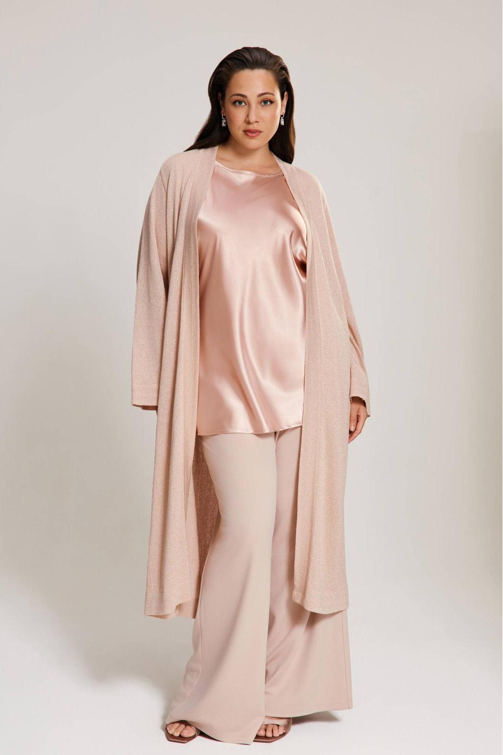 YOEK lang vest lichtbruin met lurex