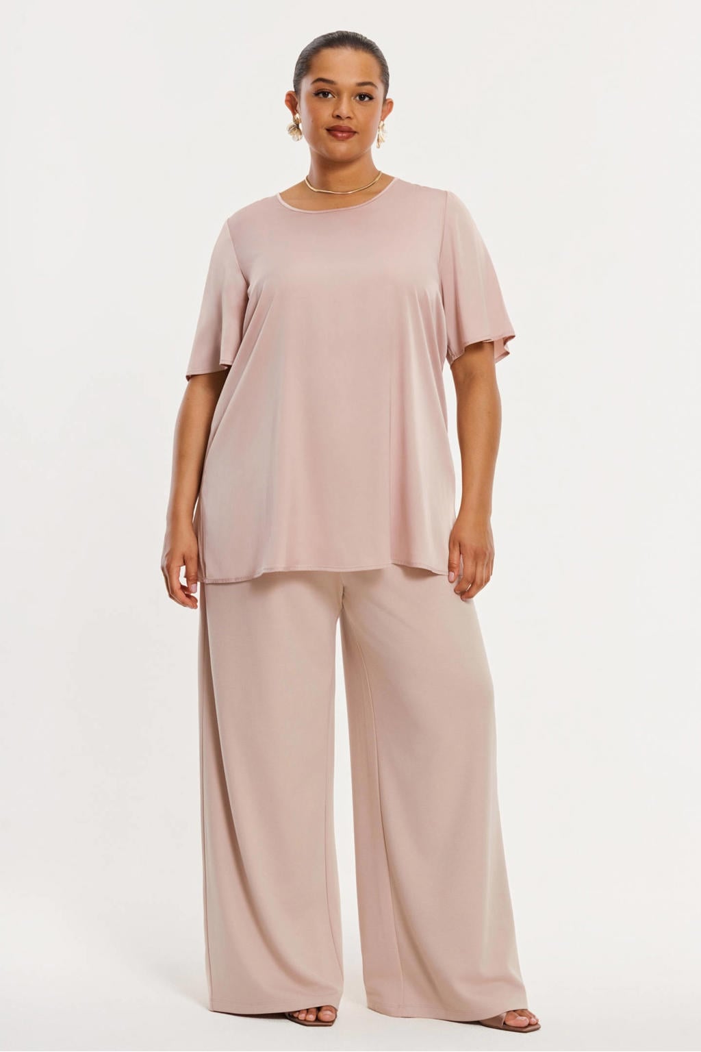 YOEK wide leg high waist broek lichtbruin