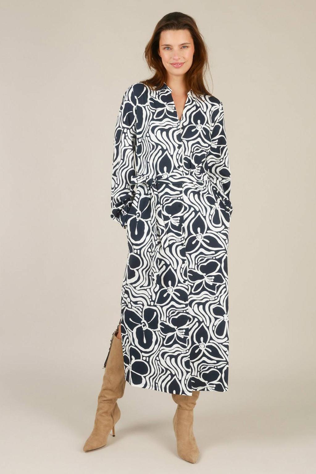 Marineblauw, marine en witte dames Yest gebloemde A-lijn jurk travelstof blauw met lange mouwen, V-hals en knoopsluiting