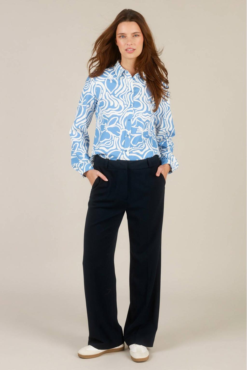 Donkerblauwe dames Yest straight regular waist broek met rits, haak- en knoopsluiting en effen