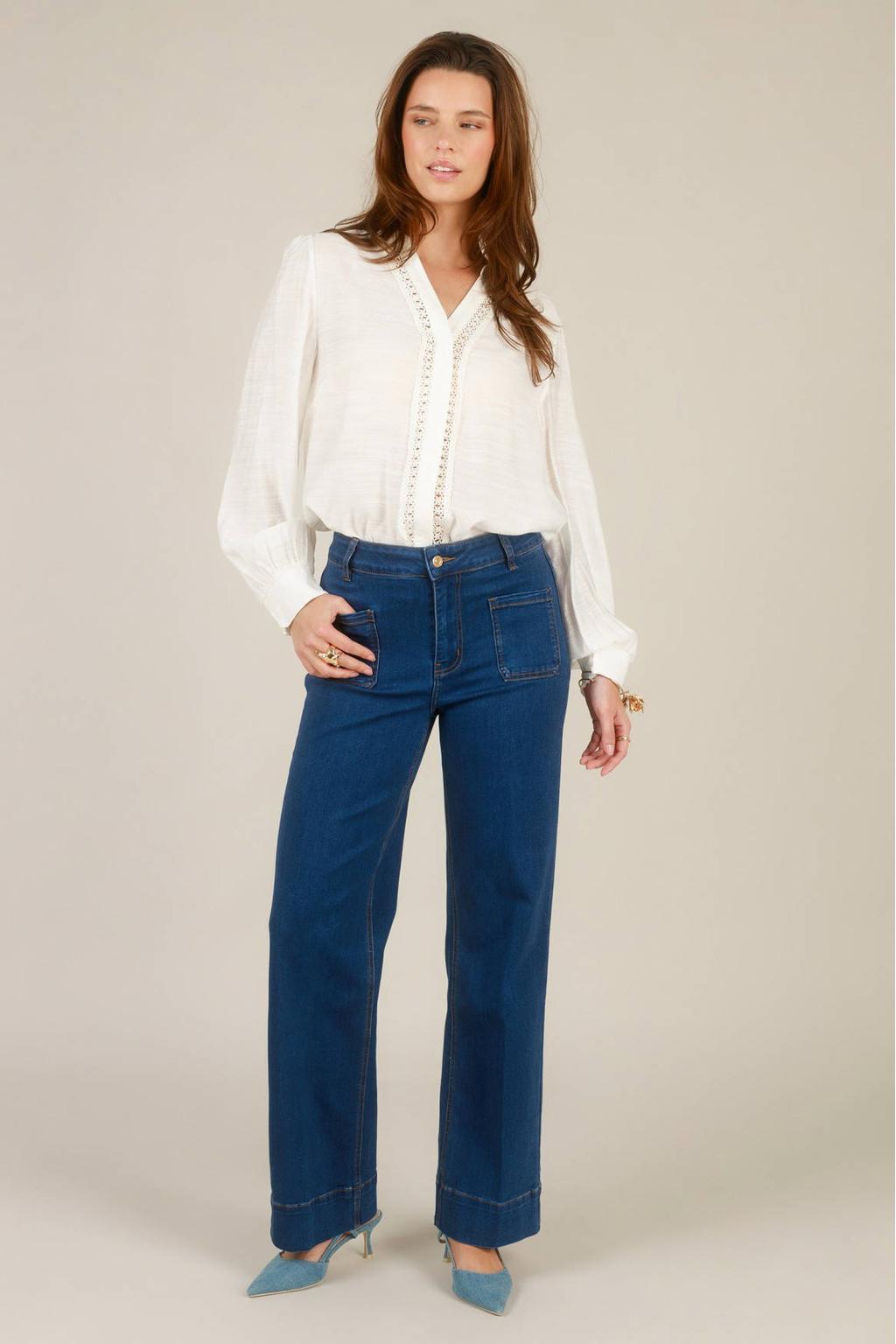 Ecru dames Yest blouse van viscose met effen, lange mouwen, V-hals, knoopsluiting en kant