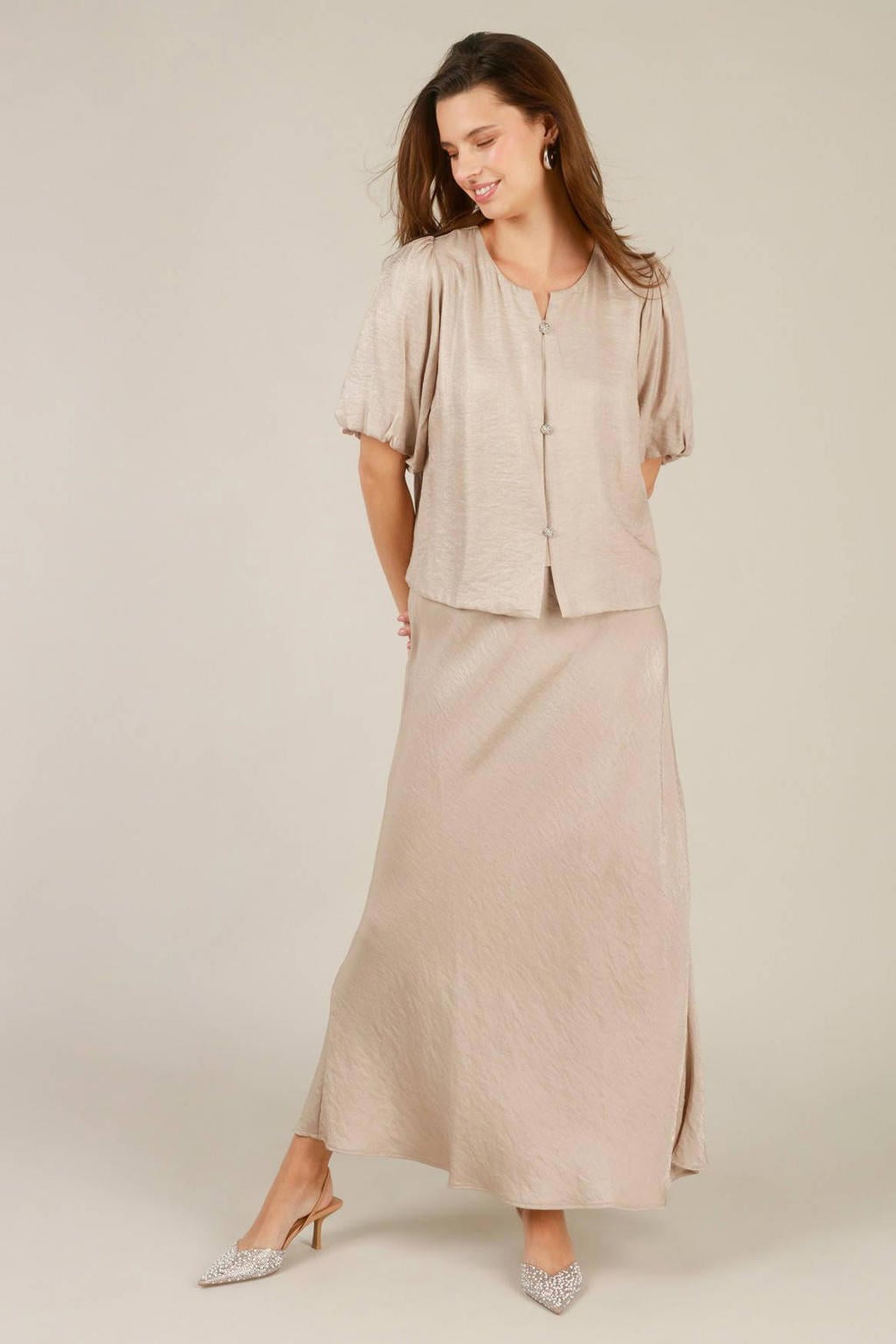 Ecru dames Yest blouse van viscose met effen, driekwart mouwen, klassieke kraag en knoopsluiting