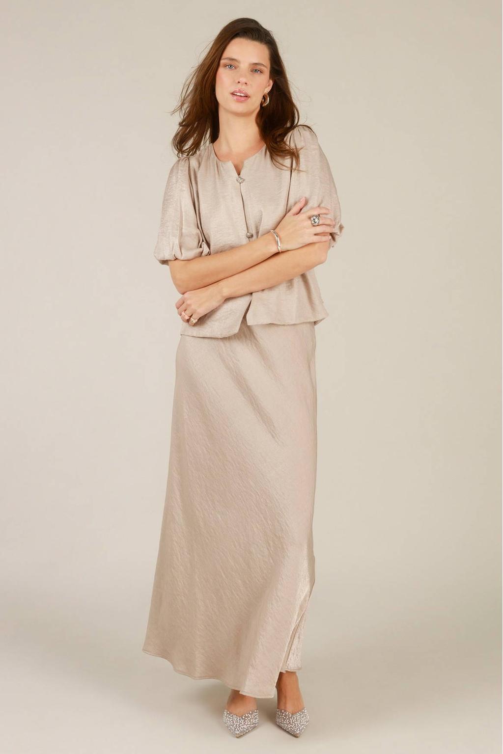 Taupe dames Yest midi rok gemaakt van viscose en met elastische tailleband