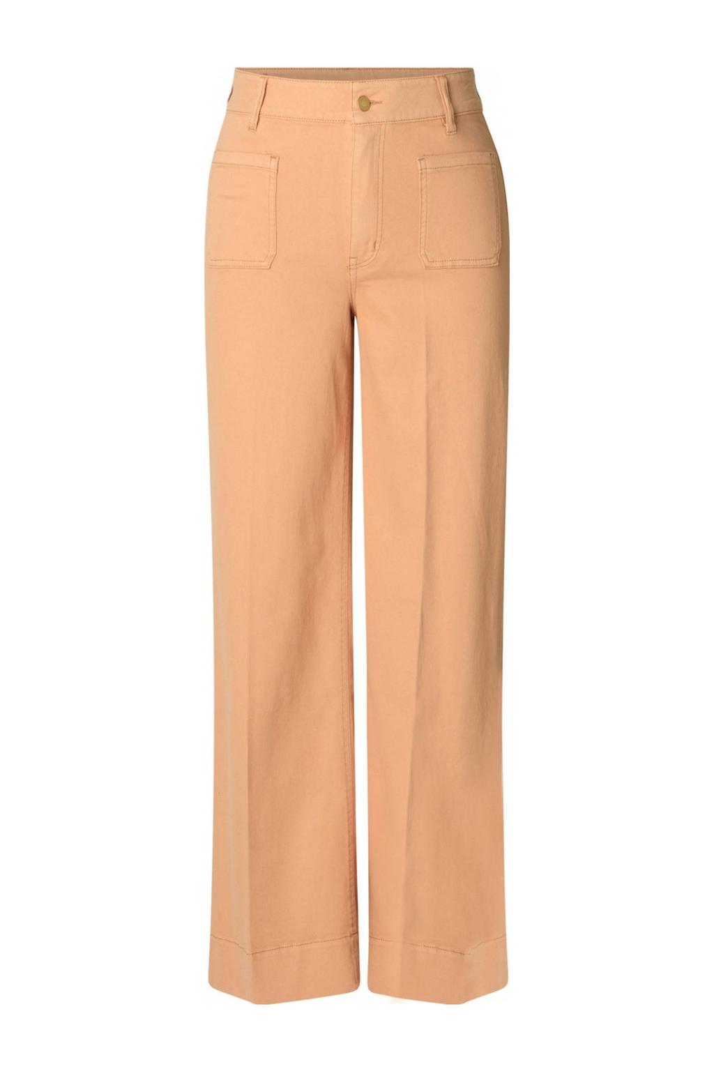 Terracottakleurige dames Yest wide leg jeans van denim met rits- en knoopsluiting en effen