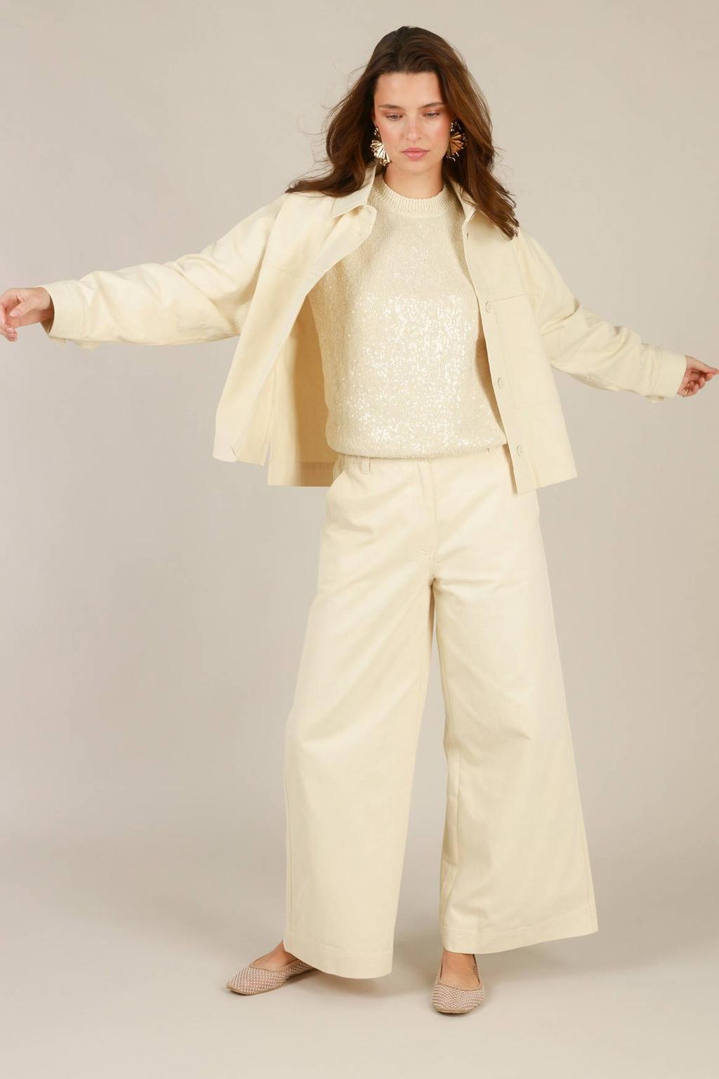 Ecru dames Yest wide leg broek van katoen met rits- en knoopsluiting en effen