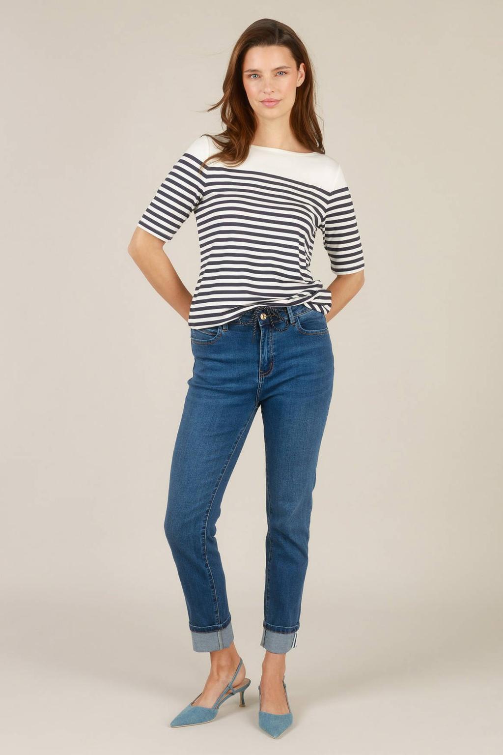 Ecru en marineblauwe dames Yest gestreepte top van viscose met korte mouwen en boothals