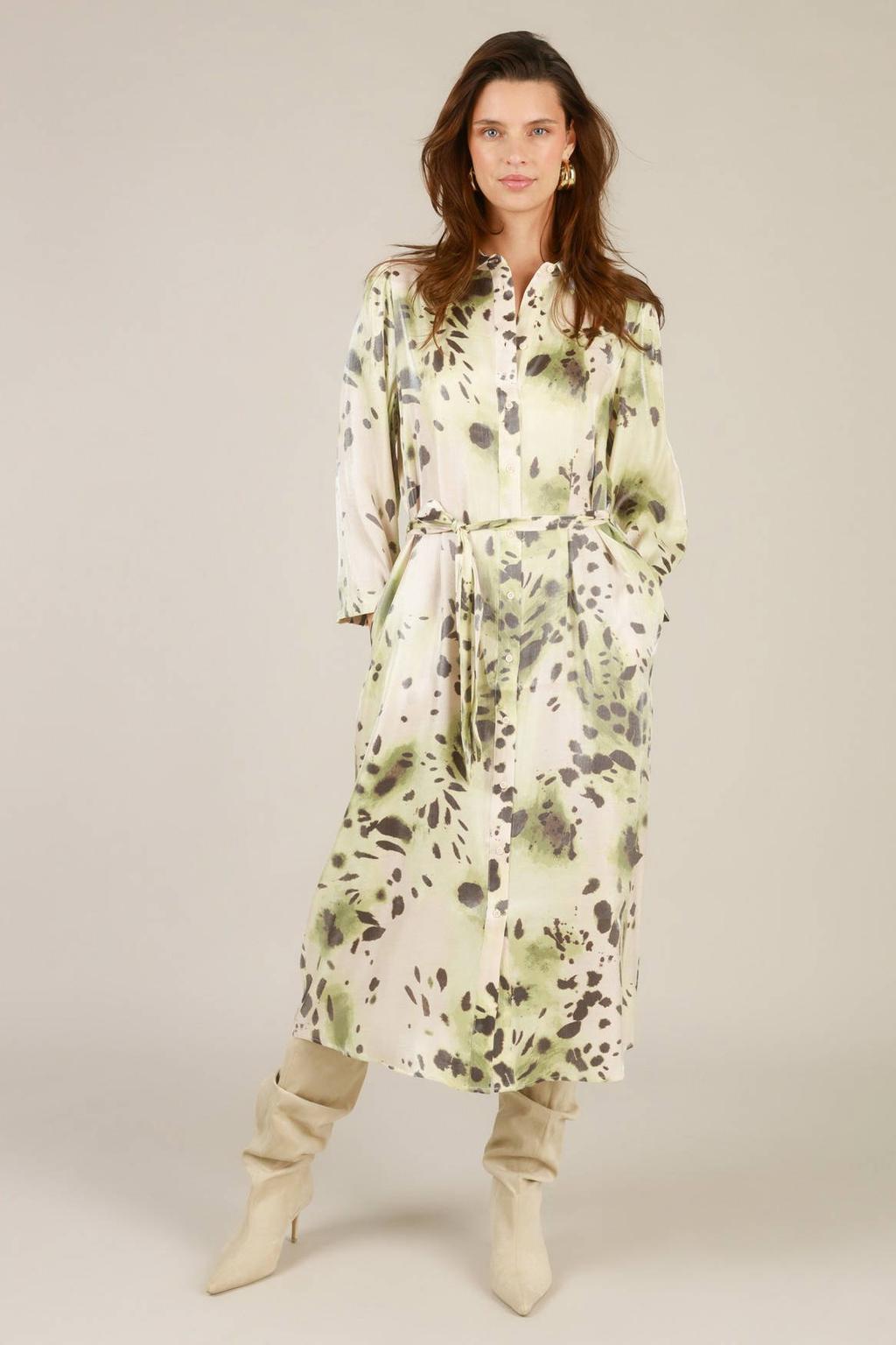 Ecru en groene dames Yest blousejurk van viscose met driekwart mouwen, klassieke kraag en knoopsluiting