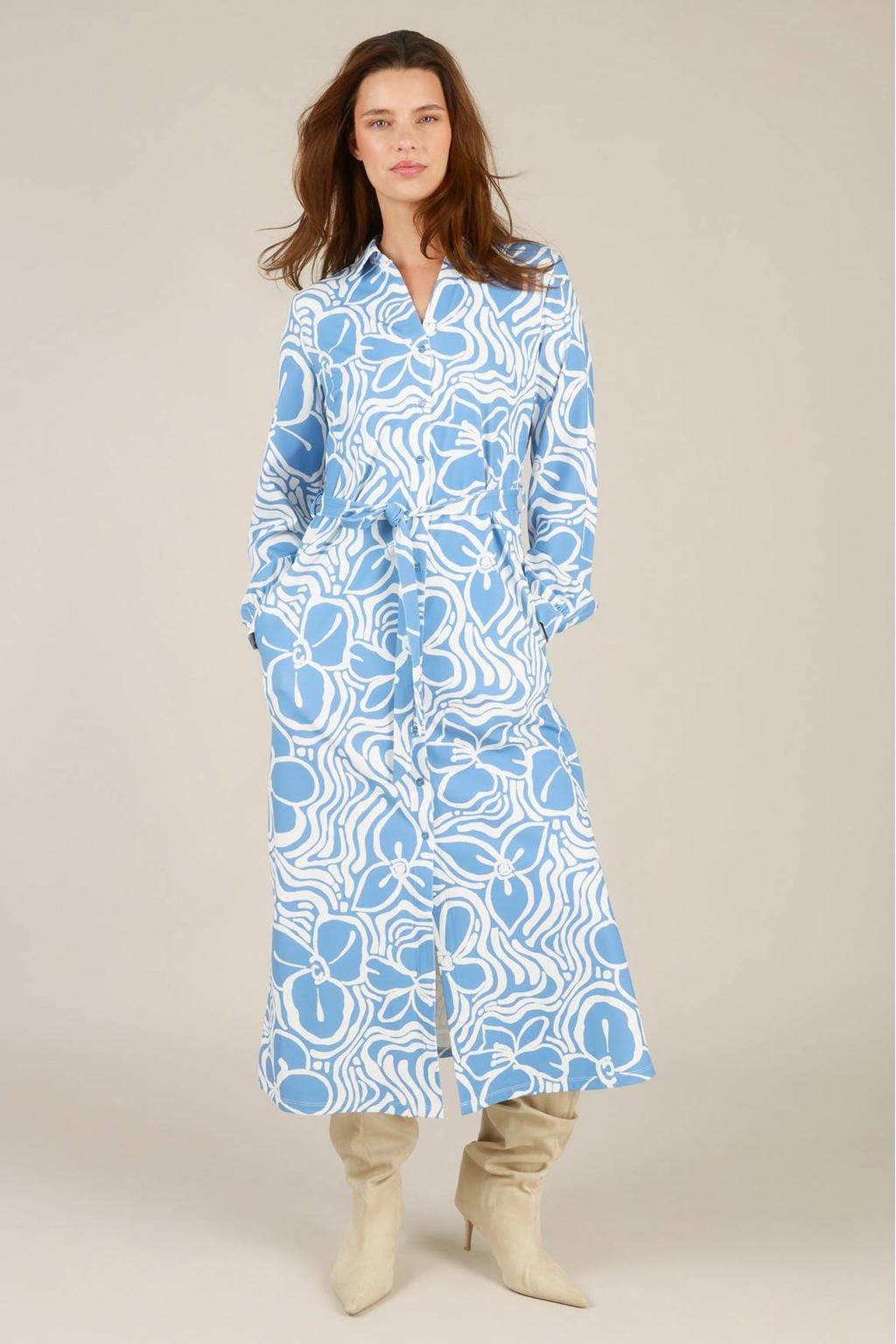 Blauw en witte dames Yest gebloemde A-lijn jurk travelstof met lange mouwen, V-hals en knoopsluiting