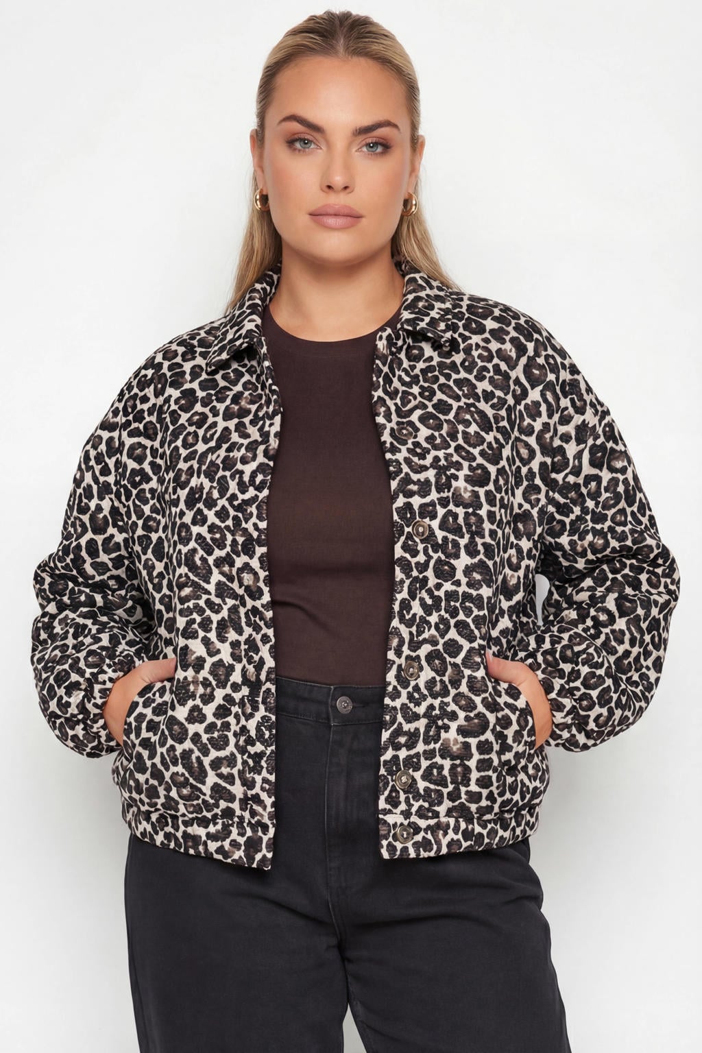 Bruine dames Colourful Rebel Curve bomberjack van polyester met dierenprint, lange mouwen, klassieke kraag, knoopsluiting en jacquard