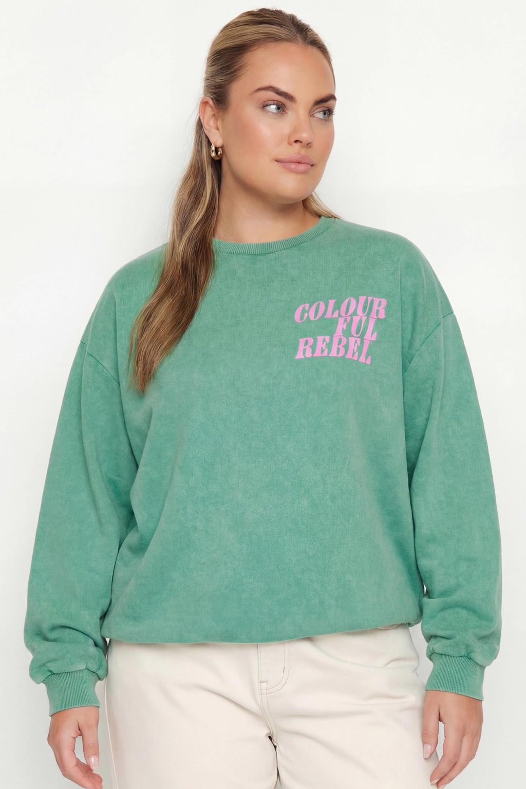 Groene dames Colourful Rebel Curve sweater van katoen met logo dessin, lange mouwen en ronde hals