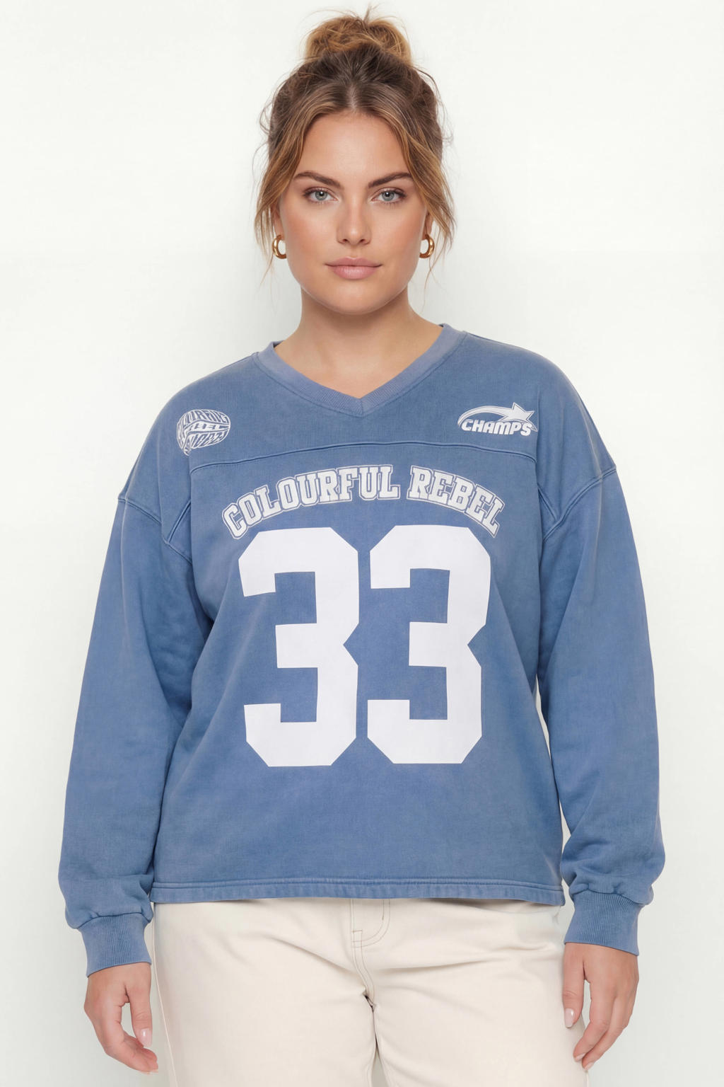 Blauwe dames Colourful Rebel Curve sweater van katoen met logo dessin, lange mouwen en V-hals