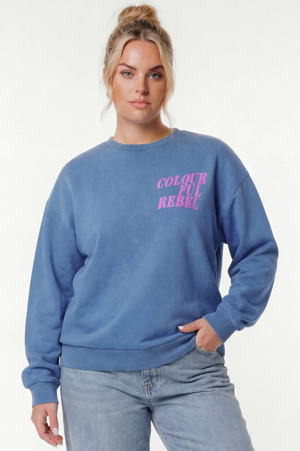 Blauw en roze dames Colourful Rebel Curve sweater van katoen met logo dessin, lange mouwen en ronde hals