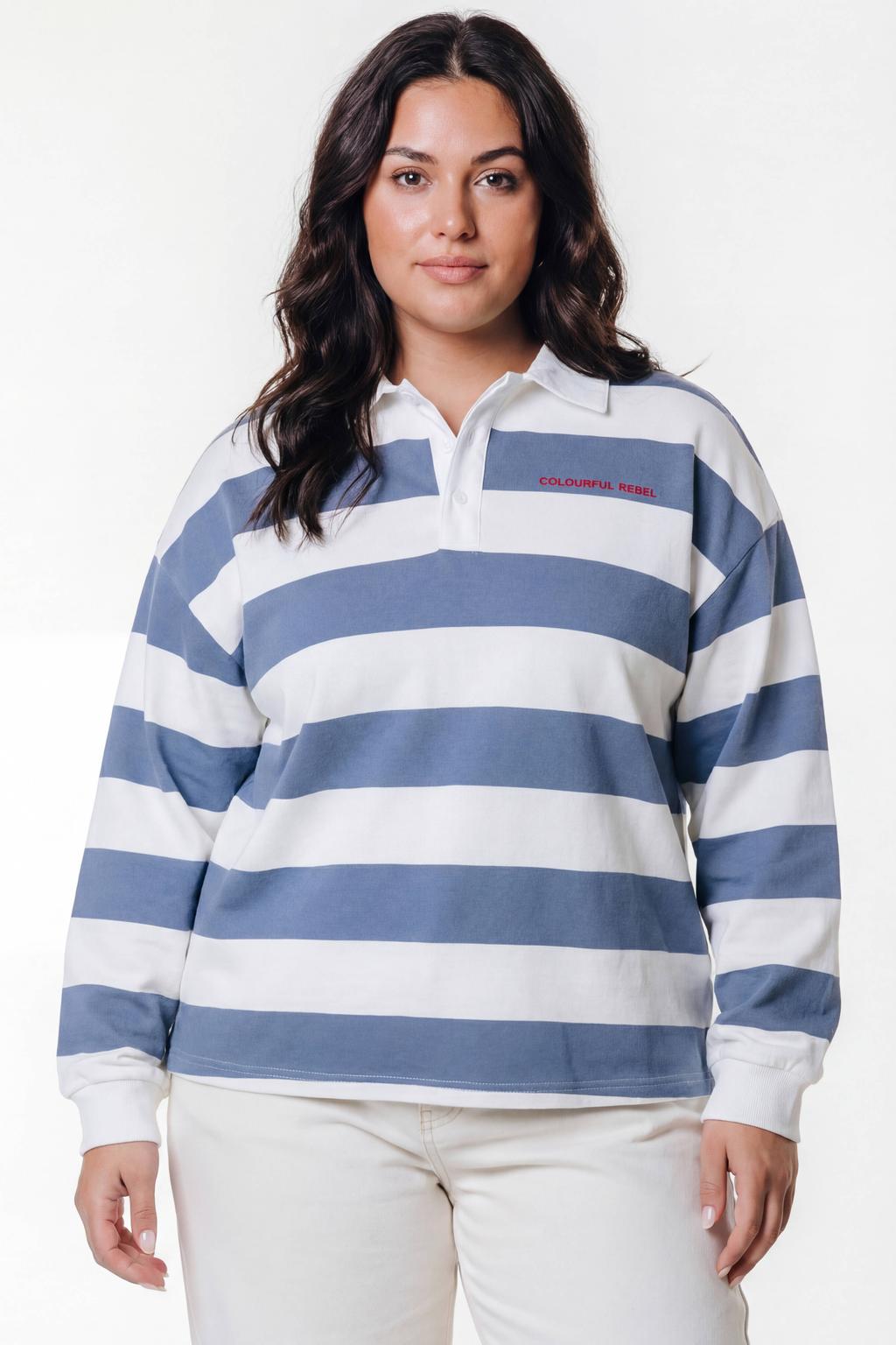 Blauw, wit en rode dames Colourful Rebel Curve gestreepte top met backprint en lange mouwen
