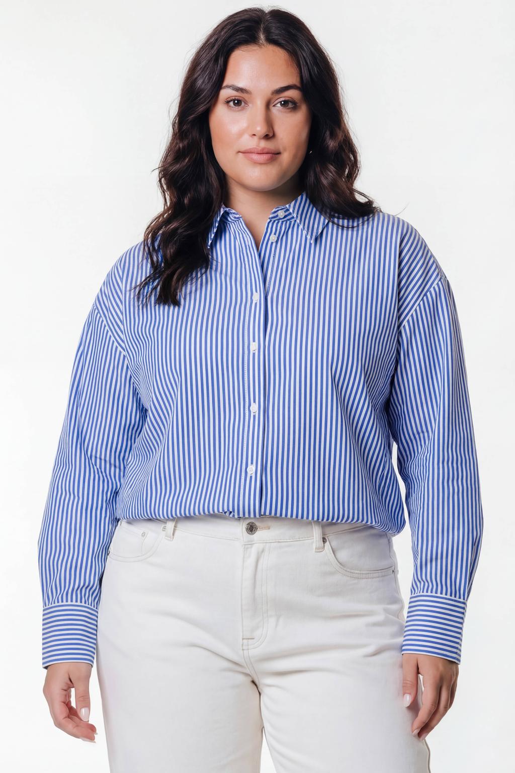 Blauw en witte dames Colourful Rebel Curve gestreepte blouse van katoen met lange mouwen, klassieke kraag en knoopsluiting