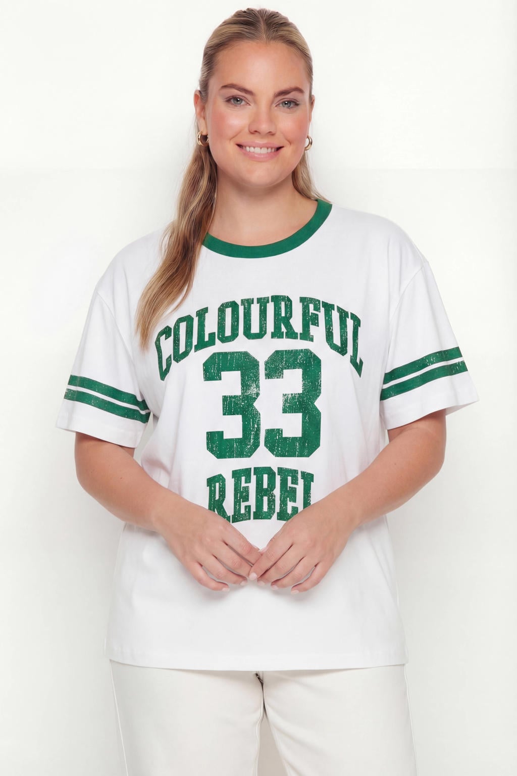 Wit en groene dames Colourful Rebel Curve T-shirt van katoen met logo dessin, korte mouwen en ronde hals