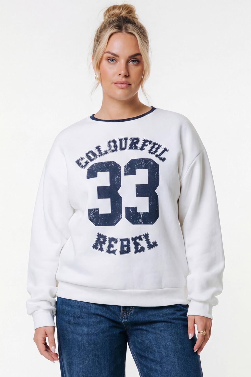 Wit en blauwe dames Colourful Rebel Curve sweater van katoen met logo dessin, lange mouwen en ronde hals
