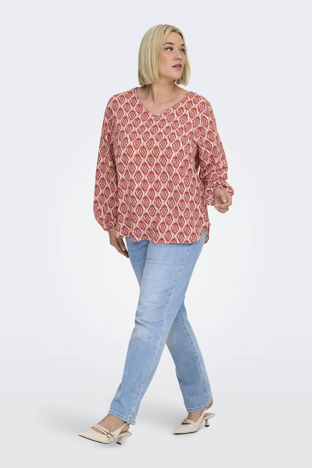 Multikleurige dames ONLY CARMAKOMA top van polyester met effen, lange mouwen, V-hals en geweven detail