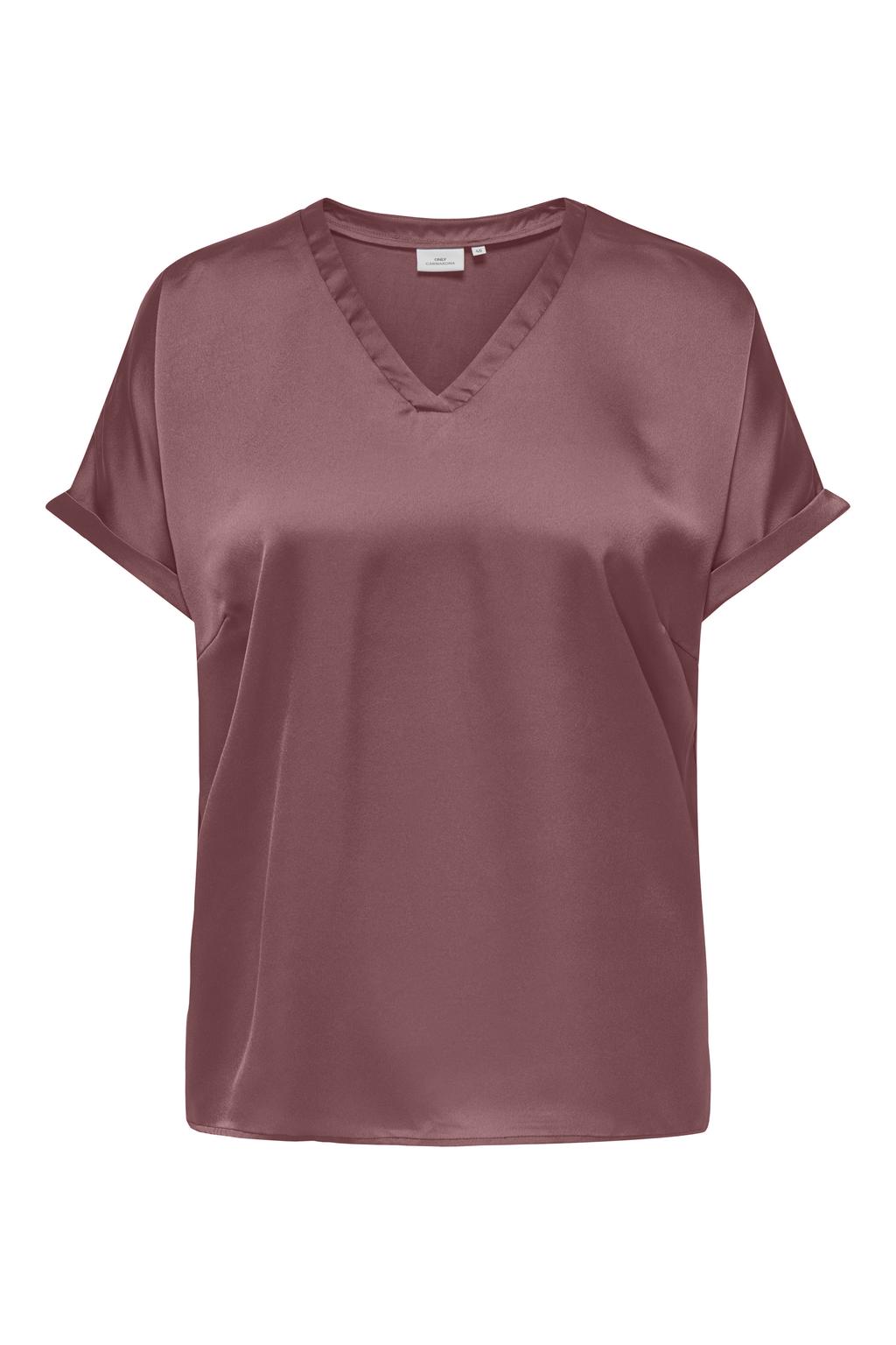 Roodbruine dames ONLY CARMAKOMA top van polyester met effen, korte mouwen, V-hals en geweven detail