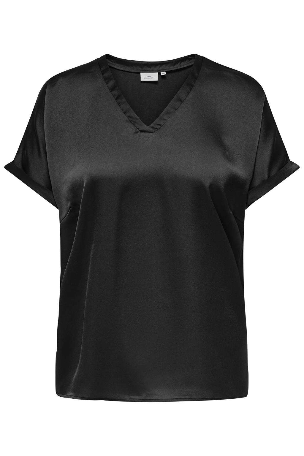 Zwarte dames ONLY CARMAKOMA top van polyester met effen, korte mouwen, V-hals en geweven detail