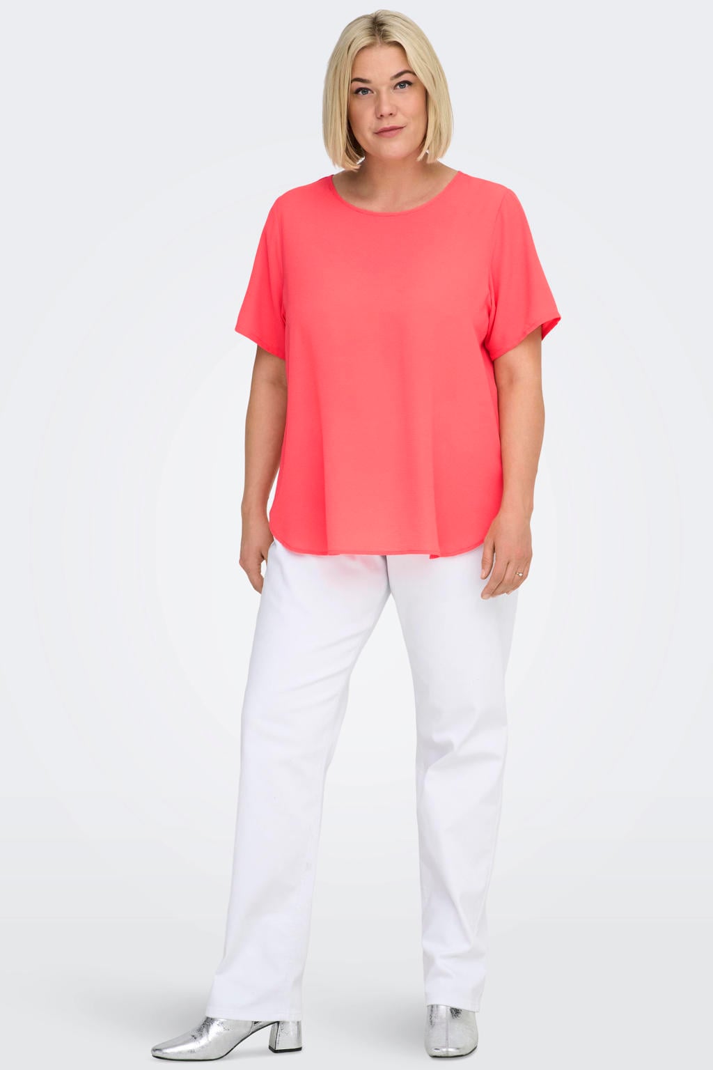 Koraalrode dames ONLY CARMAKOMA top van polyester met korte mouwen, ronde hals en geweven detail