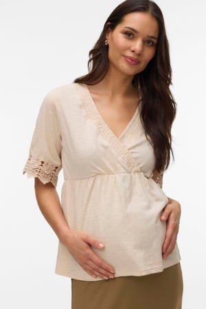 zwangerschaps- en voedings T-shirt beige broderie