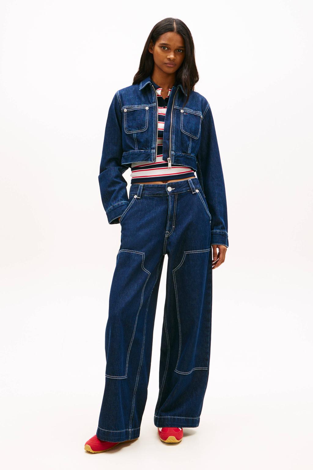 Dark blue denim dames Tommy Jeans spijkerjas van denim met effen, lange mouwen, klassieke kraag en ritssluiting