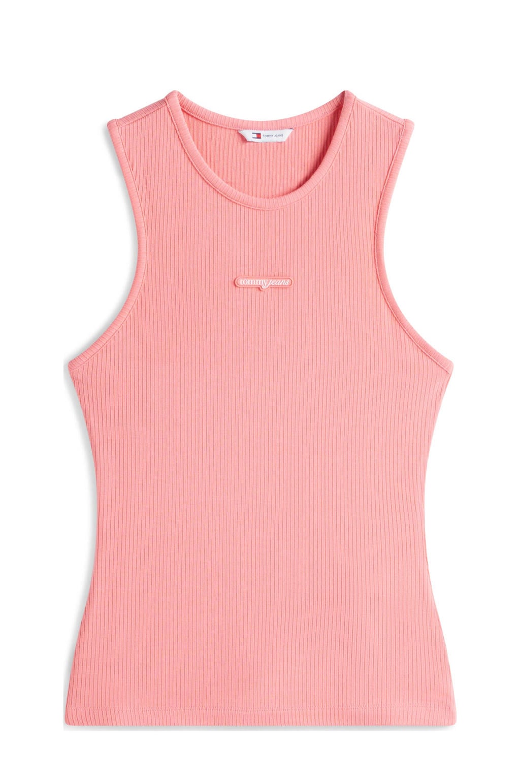Zalmkleurige dames Tommy Jeans mouwloze top rib gebreid van viscose met effen en ronde hals