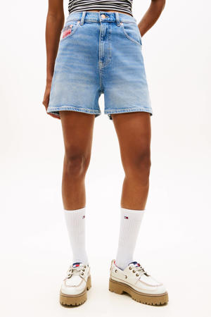 straight high waist short medium blue denim