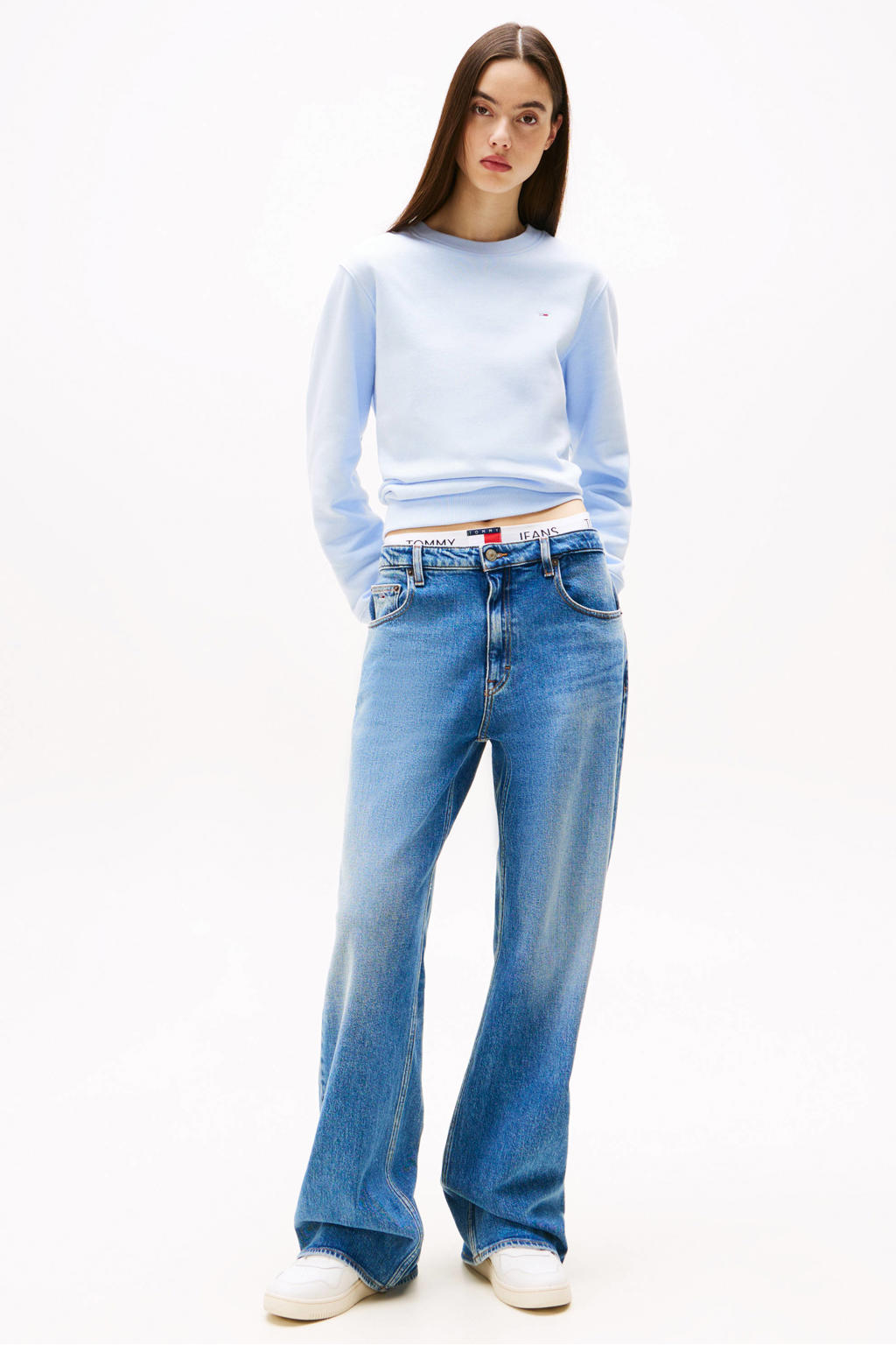 Medium blue denim dames Tommy Jeans wide leg jeans van denim met rits- en knoopsluiting en effen