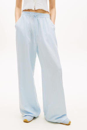 wide leg high waist gestreepte casual broek met linnen lichtblauw