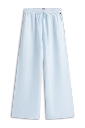 wide leg high waist gestreepte casual broek met linnen lichtblauw