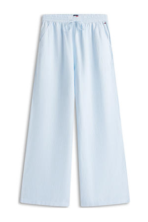 wide leg high waist gestreepte casual broek met linnen lichtblauw