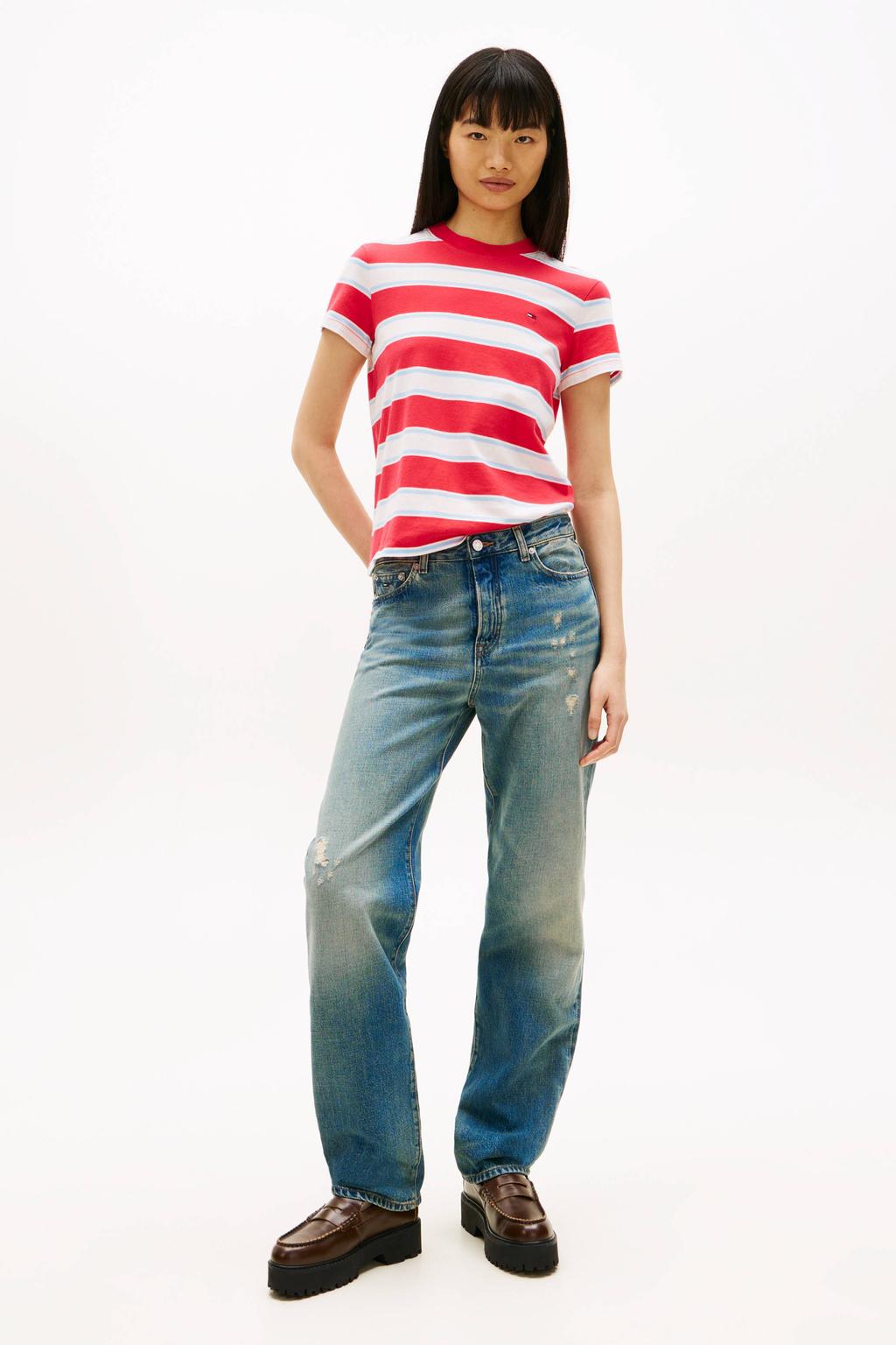 Rood, lichtblauw en witte dames Tommy Jeans gestreepte T-shirt van katoen met korte mouwen en ronde hals